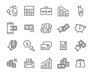 set of money line icons, such as currency, finance, digital, percent