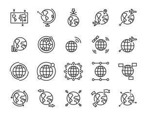 set of world map vector line icons, such as map, way, globe