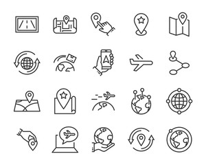 set of world map vector line icons, such as map, way, globe