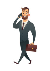 Business man walking with phone and suitcase success character