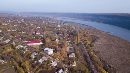 Aerial view over Village and River.