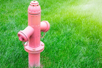 Bright red fire hydrant sits in a freshly cut grass field.