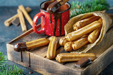 Spanish churros dessert with hot chocolate.