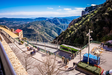 Cremallera train, Montserrat monastery on mountain in Barcelona, Catalonia.