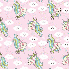 pink unicorn with clouds pattern vector
