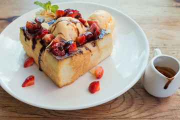 Toast Bread Pudding with ice cream and strawberry