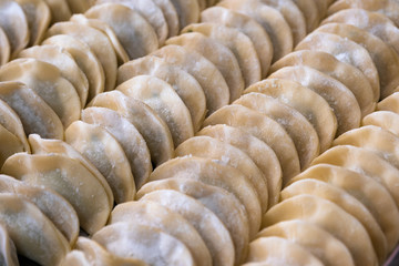 Yellow rows dumplings filling vegetable