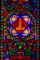 Stained glass window, Montserrat monastery on mountain in Barcelona, Catalonia.