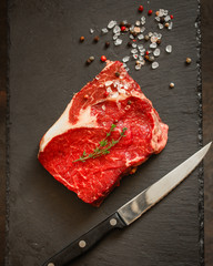 beef steak Grilled with spices (piece of meat). Top view with copy space
