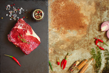 beef steak Grilled with spices (piece of meat). Top view with copy space