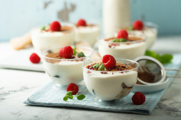 Homemade tiramisu dessert decorated with fresh raspberry and rose petals