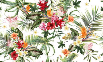 Seamless floral pattern with tropical flowers - obrazy, fototapety, plakaty