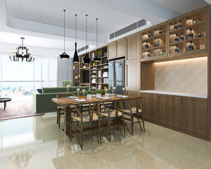 3d rendering modern dining room and chineese living room with luxury decor