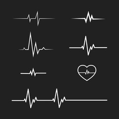 Set of heart pulse line icons. Cardiogram, heartbeat signs. Cardiac arrest, death icons. Vector illustration.