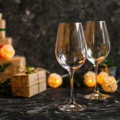 Happy New Year! Traditional New Year's ritual with champagne and gifts. Top view