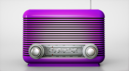 Purple vintage radio receiver on empty background 3d illustration