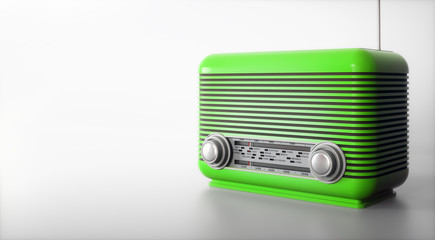 Green vintage radio receiver on empty background 3d illustration