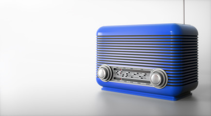 Blue vintage radio receiver on empty background 3d illustration