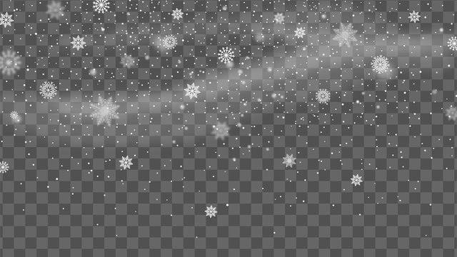 Christmas background with falling snow. Snowflake on transparent background. Winter holiday pattern. Vector illustration