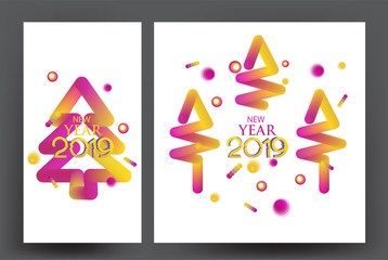 New year 2019 abstract banners with colorful christmas trees and balls. Vector illustration