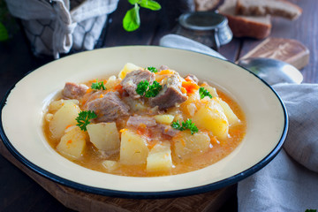Stewed potatoes with turkey meat, horizontal