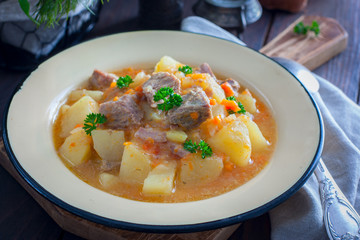 Stewed potatoes with turkey meat, horizontal