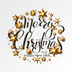 Merry Christmas Calligraphic Inscription Decorated with Golden Stars and Beads.