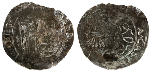 Ancient Spanish silver coin of the Kings Fernando e Isabel. Catholic kings. Coined in Sevilla. 2 Reales.
