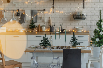 Christmas kitchen table in loft style decoration