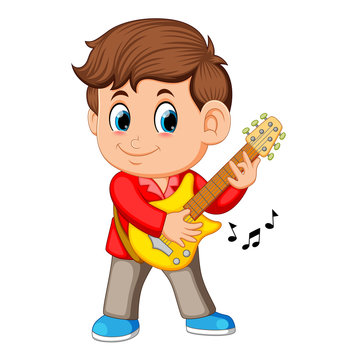 A young boy sings and plays on the electric guitar 