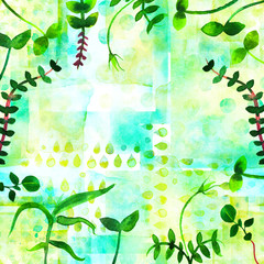 A frame with fresh green sprouts and copy space. Watercolor plants, branches and leaves, forming a border for a spring design with a place for text