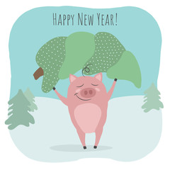 A cute pig keeping green fir tree. Christmas and New Year illustration with 2019 text. perfect for kids cards, posters, banners, book illustration and other design projects. Vector eps10.