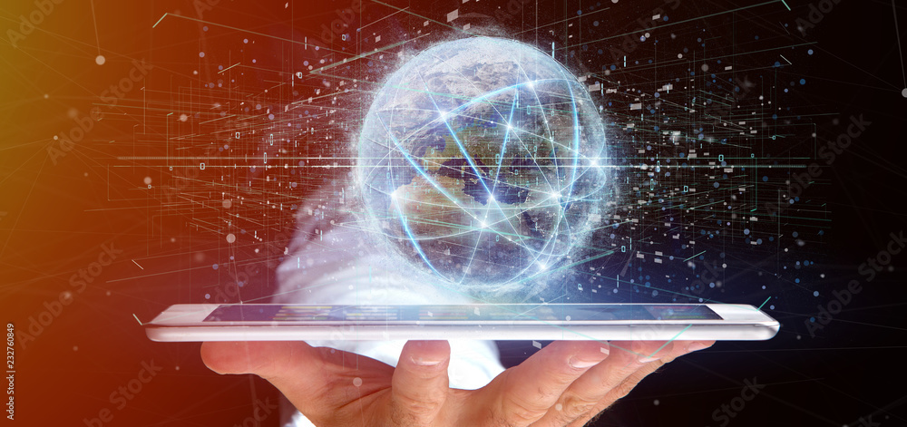 Poster man holding connection around a world globe isolated 3d rendering