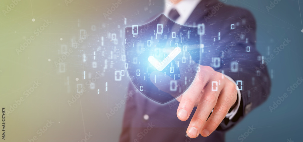 Poster man holding a shield web security concept 3d rendering