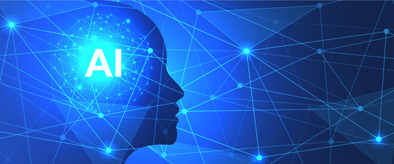 Artificial intelligence. Big data learning. Abstract global technology with Human head. Futuristic virtual technology concept background. Vector illustration.