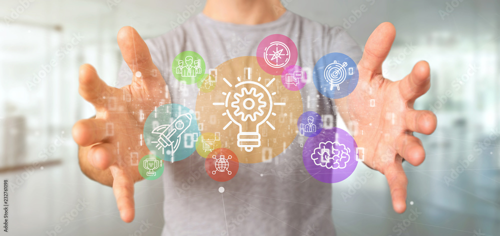 Poster cloud of colorfull start up icon bubble with data businessman holding a binary 3d rendering