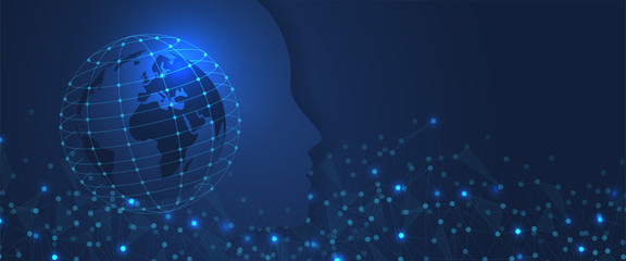 Artificial intelligence. Big data learning. Abstract global technology with Human head. Futuristic virtual technology concept background. Vector illustration.