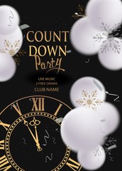 Count down party banner with clock and golden levitating serpentine. Vecctor illustration