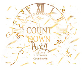 Count down party banner with golden clock and confetti. Vector illustration