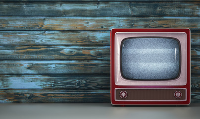 Retro tv receiver on dirty wood wall background 3d illustration