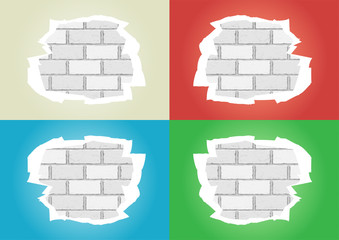 White blue red green torn papers set on brickwork background. Broken color wallpapers frame hole
