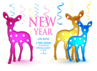 New year party invitation card with lightsboards in shape of baby deers