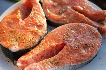 Fresh salmon fish with spice. Selective focus.