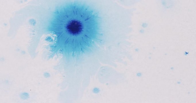 Slow motion blue ink drops spreads on white wet paper