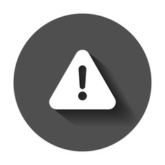 Exclamation mark icon in flat style. Danger alarm vector illustration with long shadow. Caution risk business concept.