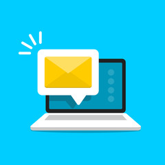 Email alert in laptop. Message on computer screen. Notification vector concept. Vector illustration in flat style.