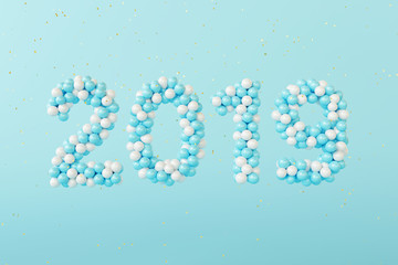 New year 2019. Balloons number and Confetti on pastel blue   background. 3d rendering