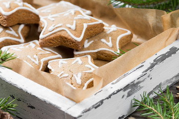 Gingerbread cookies on a wooden tray