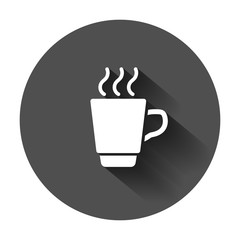 Coffee, tea cup icon in flat style. Coffee mug vector illustration with long shadow. Drink business concept.