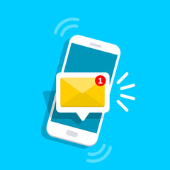 Message icon 3d. Reminder on screen smartphone. New email notification. Sms message concept in flat style. Isolated vector illustration. - obrazy, fototapety, plakaty